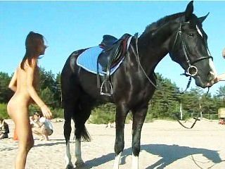 समुद्र तट पर एक घोड़े की सवारी नग्न किशोर सिर बदल जाता है